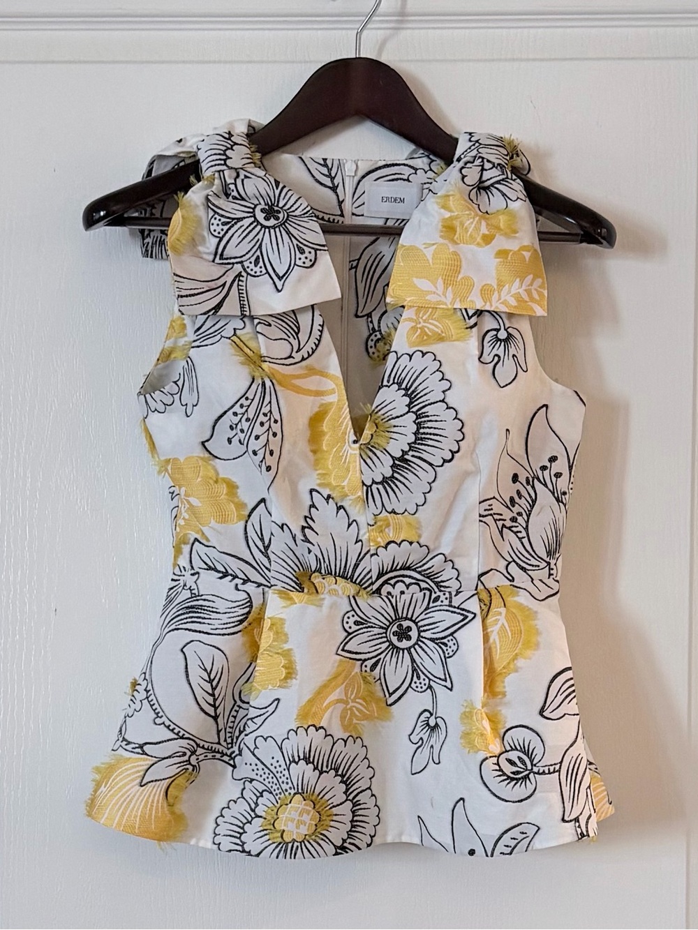 ERDEM White, Yellow & Black Floral Sleeveless Peplum Top